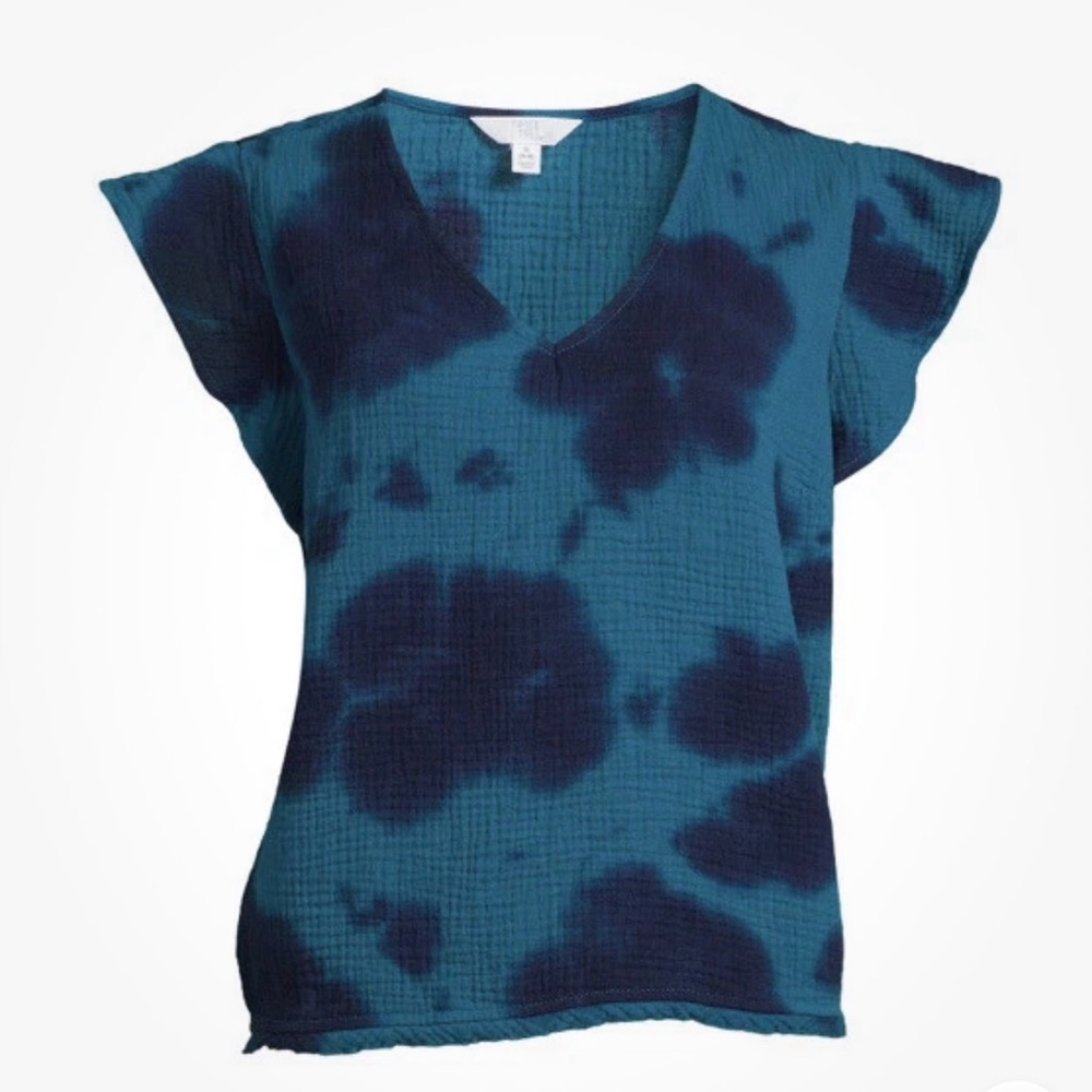 Time and Tru Teal & Navy Tie-Dye V-Neck Flutter Sleeve Top
